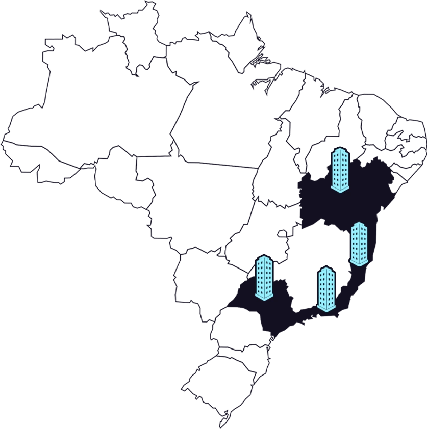Mapa do Brasil com os 4 estados de atuação da Spin destacados